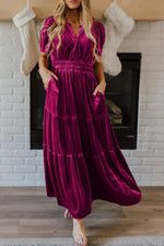 Velvet Maxi Jurk met Korte Mouwen en Gelaagde Rok - Maxi Dresses - Jurkjes.co
