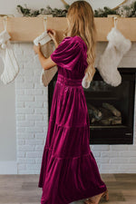 Velvet Maxi Jurk met Korte Mouwen en Gelaagde Rok - Maxi Dresses - Jurkjes.co