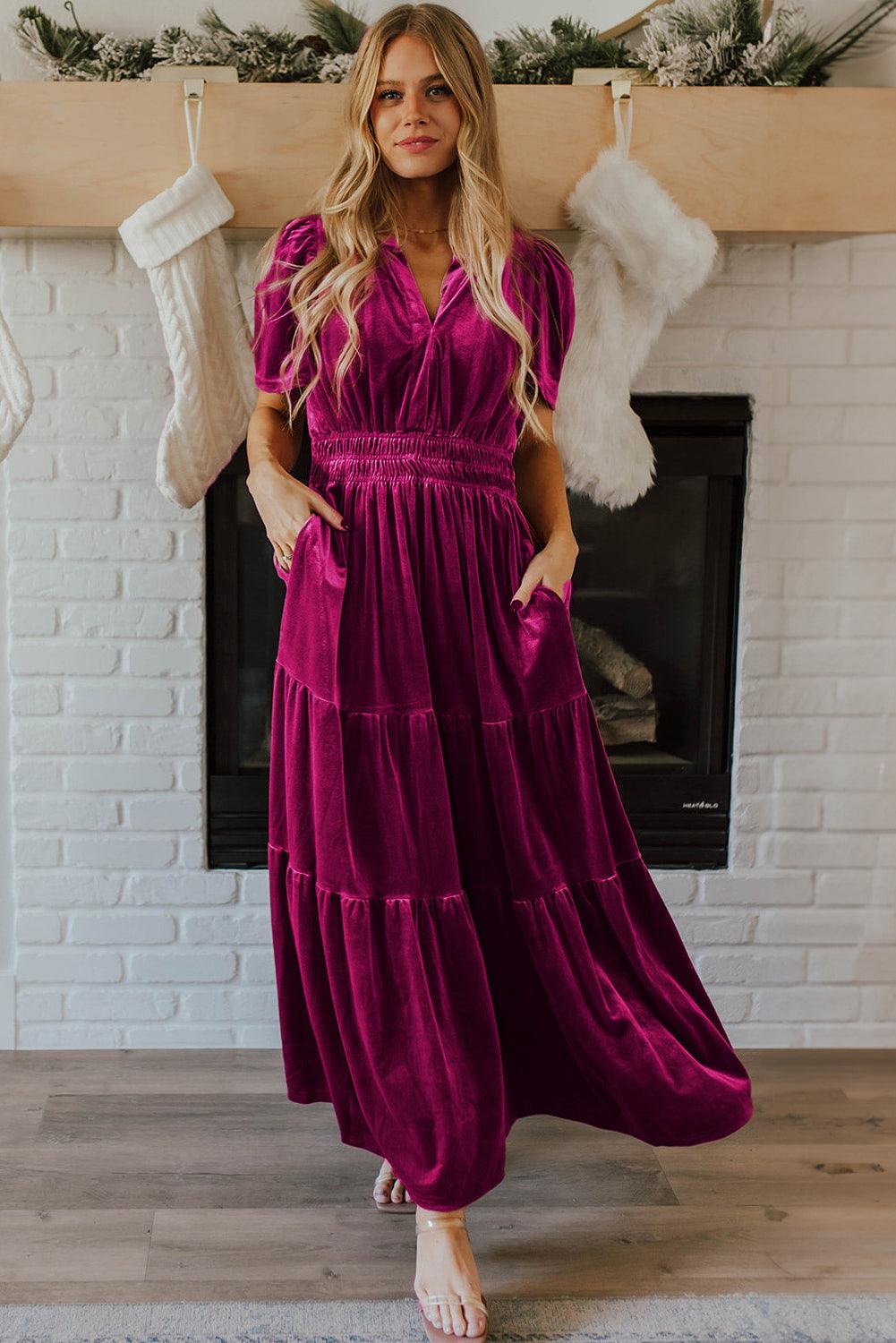 Velvet Maxi Jurk met Korte Mouwen en Gelaagde Rok - Maxi Dresses - Jurkjes.co