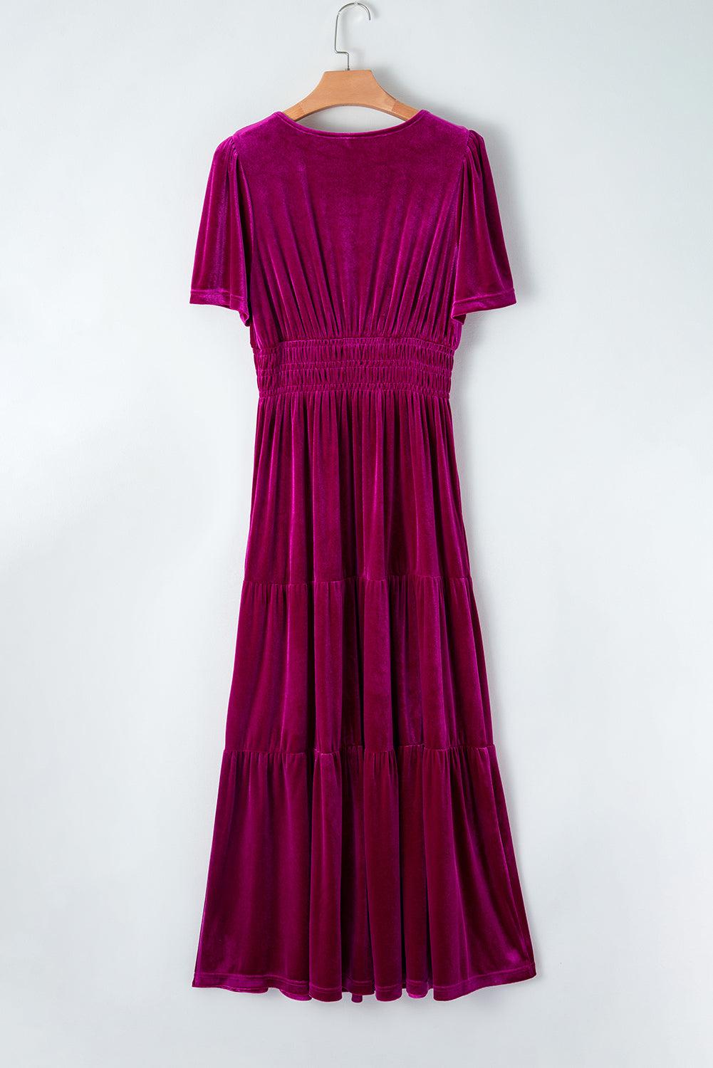 Velvet Maxi Jurk met Korte Mouwen en Gelaagde Rok - Maxi Dresses - Jurkjes.co