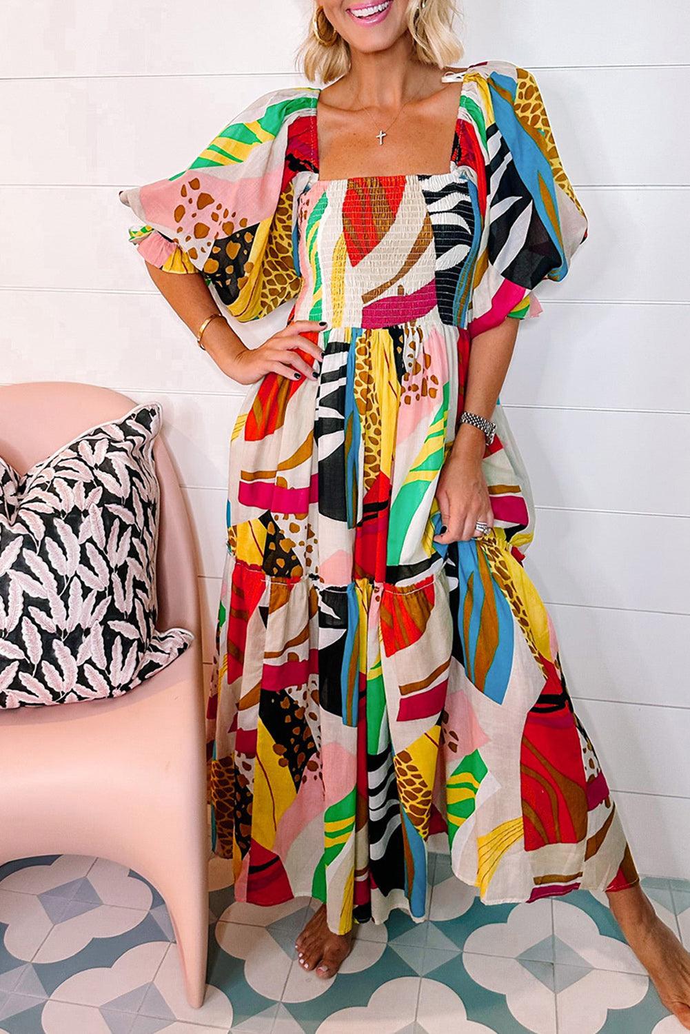 Vierkante Hals Boho Maxi-Jurk met Print - Maxi Dresses - Jurkjes.co
