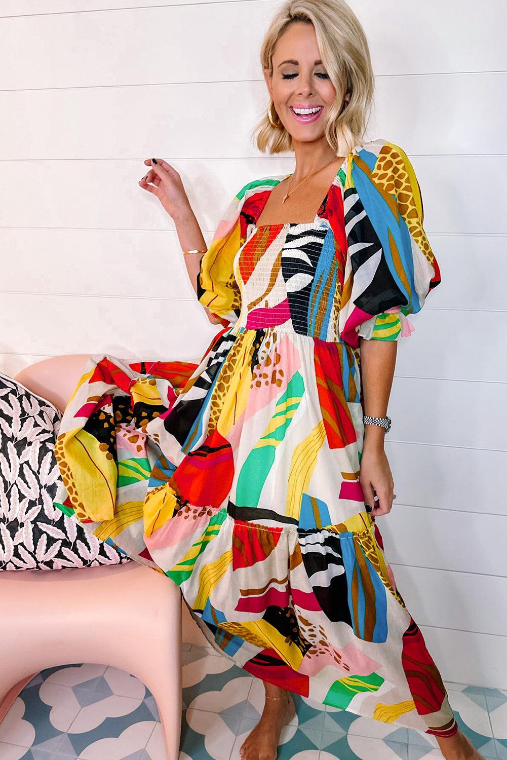 Vierkante Hals Boho Maxi-Jurk met Print - Maxi Dresses - Jurkjes.co