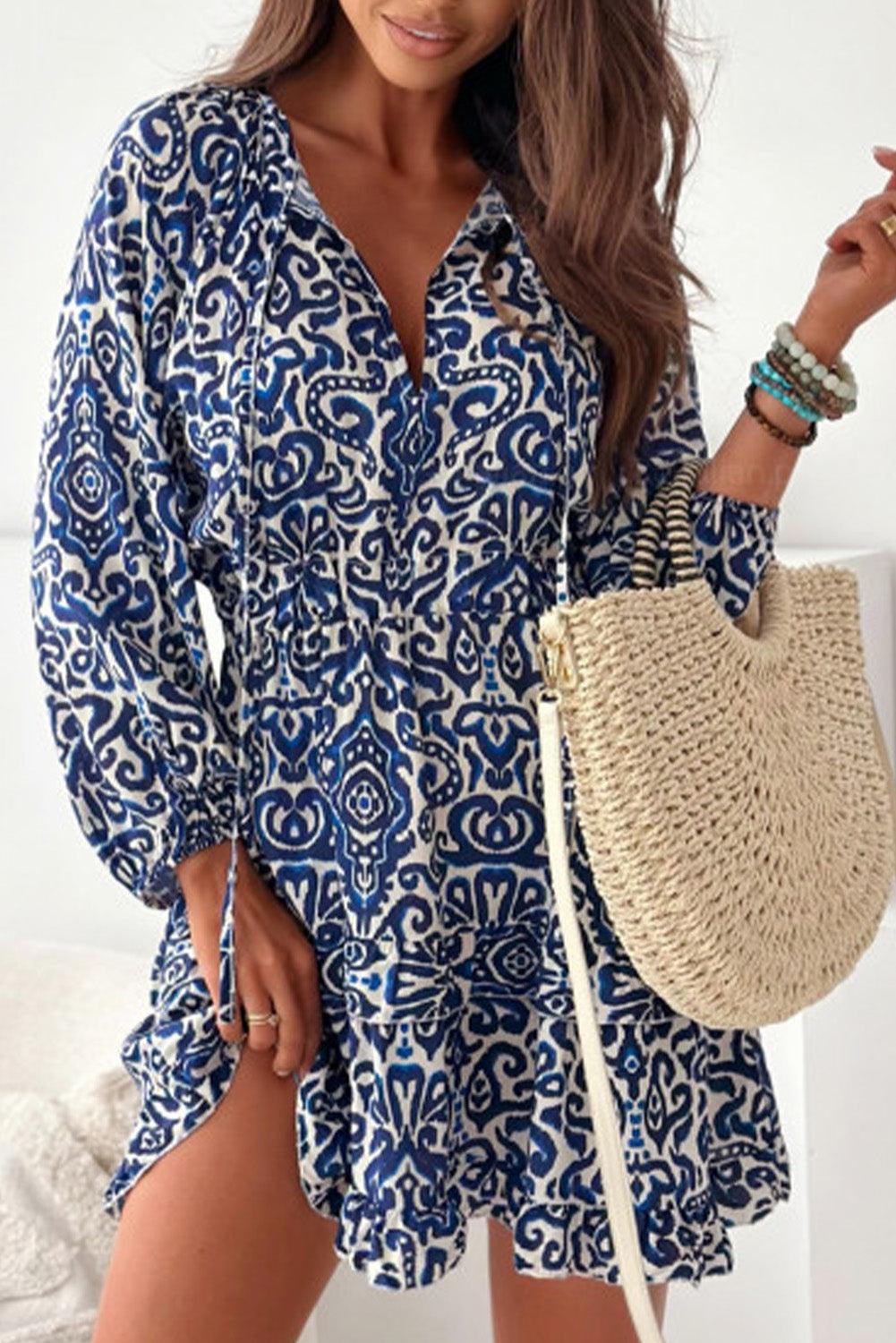 Vintage Print Mini Jurk met Lange Mouwen en V-hals - Mini Dresses - Jurkjes.co