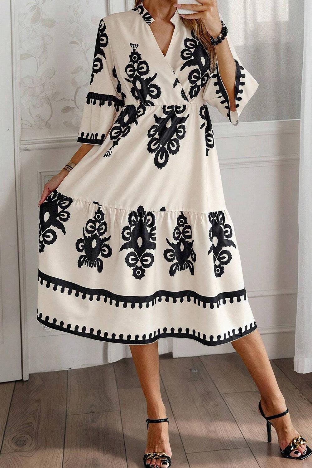Western Geometrische Print Midi Jurk met 3/4 Mouwen - Midi Dresses - Jurkjes.co