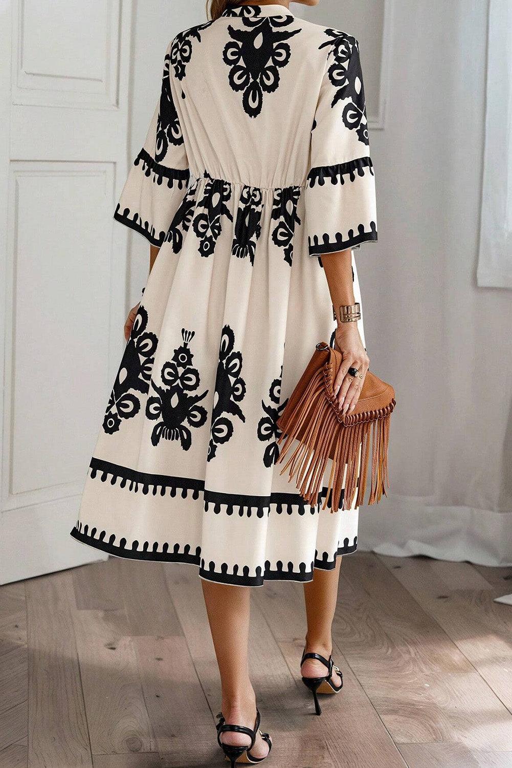 Western Geometrische Print Midi Jurk met 3/4 Mouwen - Midi Dresses - Jurkjes.co