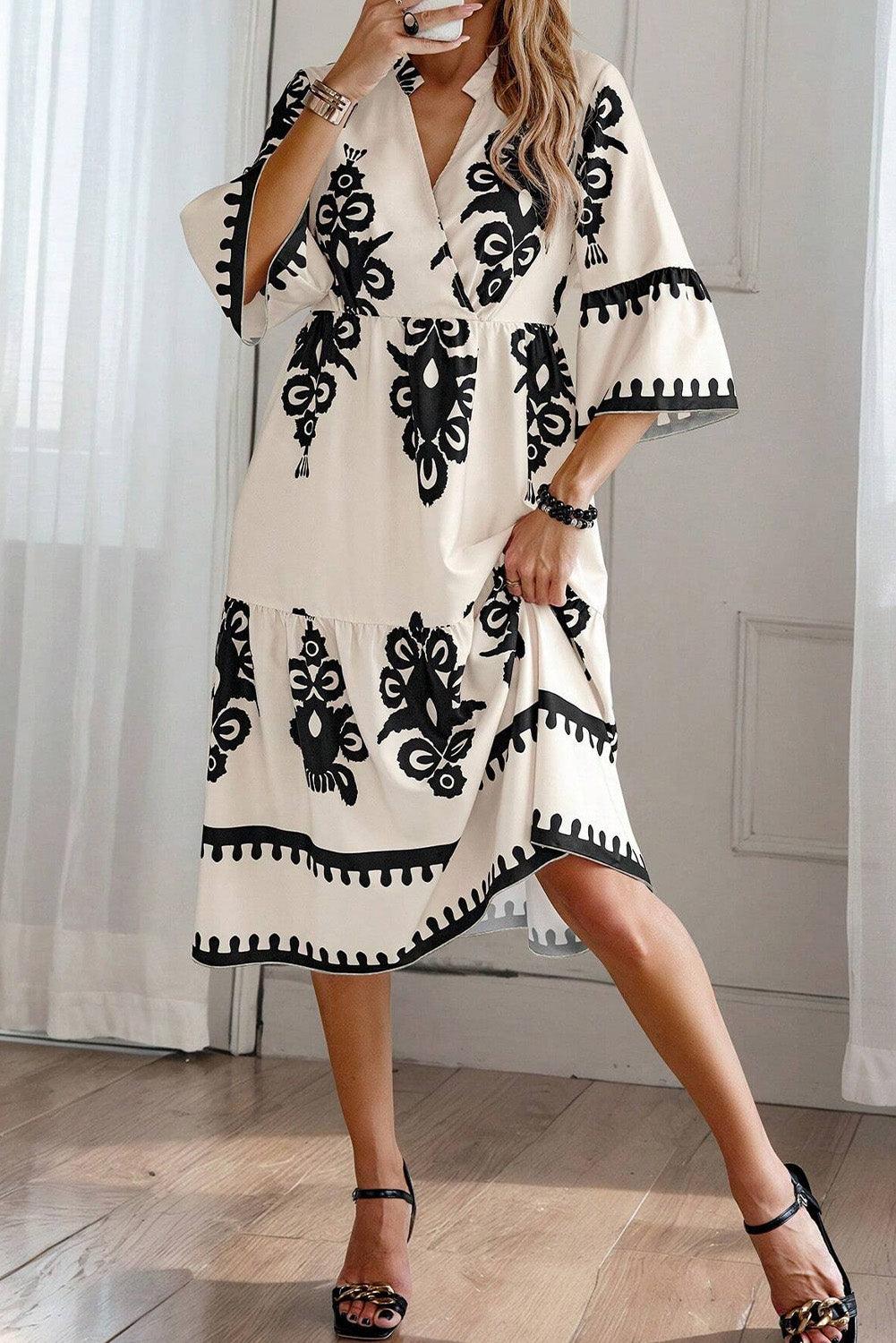 Western Geometrische Print Midi Jurk met 3/4 Mouwen - Midi Dresses - Jurkjes.co