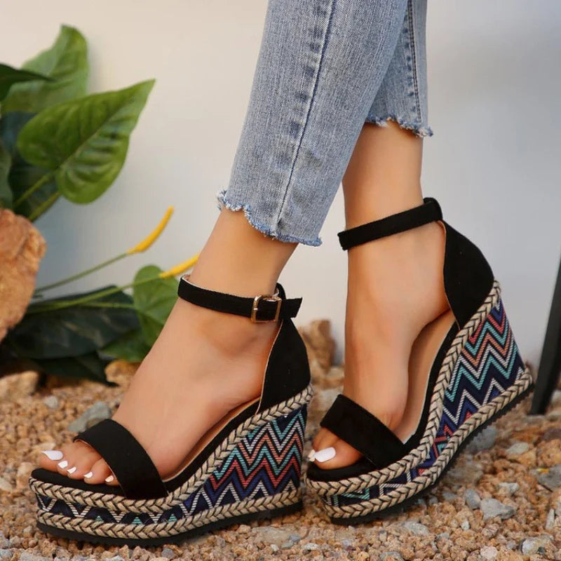 Wedge Sandalen met Bohemian Zigzagpatroon