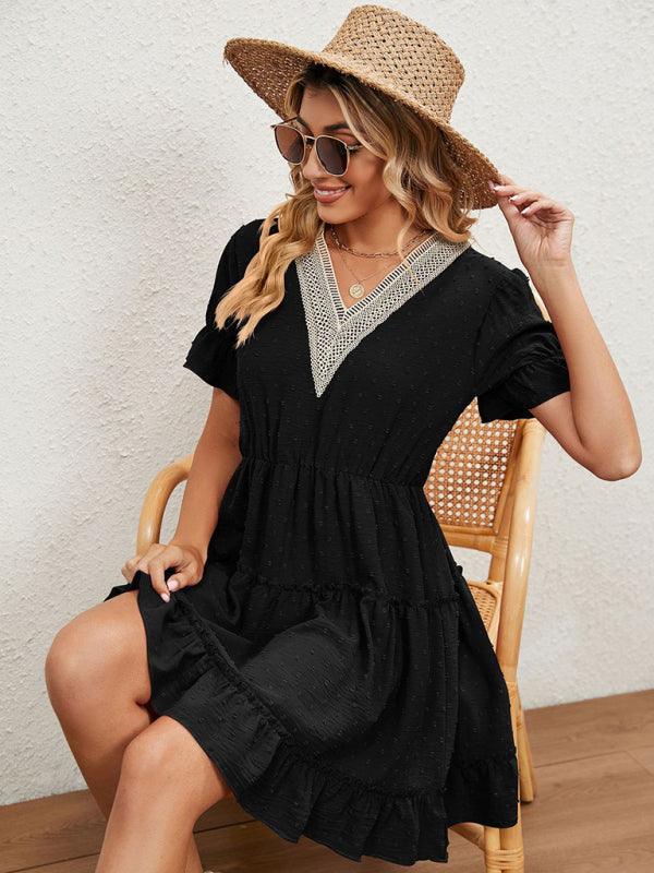 A-lijn Jurk met V-hals en Kanten Details - Midi Dresses - Jurkjes.co
