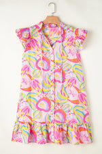 Abstracte Bloemenprint Ruffle Jurk met Knoopjes - Mini Dresses - Jurkjes.co