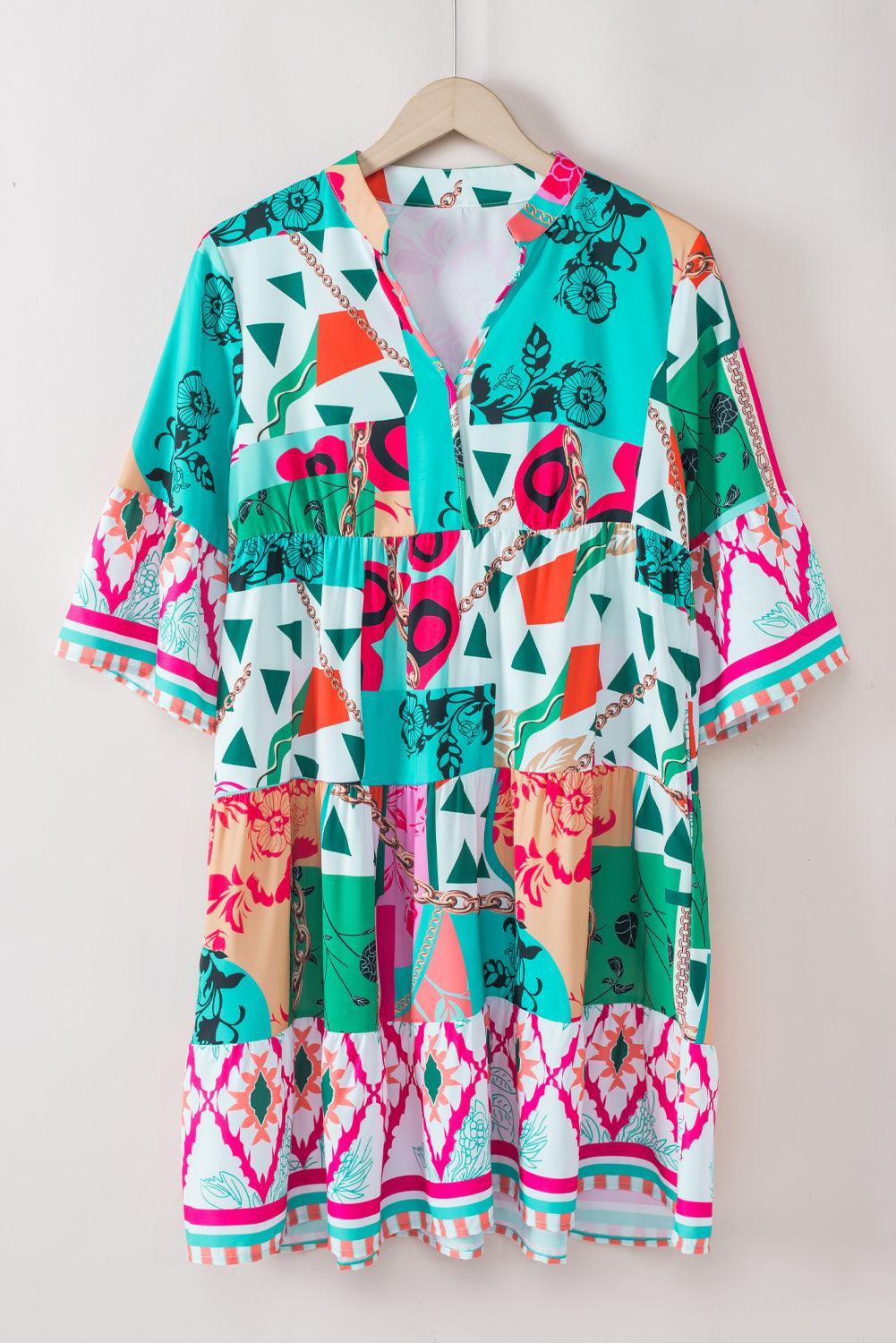 Abstracte Mini Jurk met Halve Mouwen en Notch Hals - Mini Dresses - Jurkjes.co