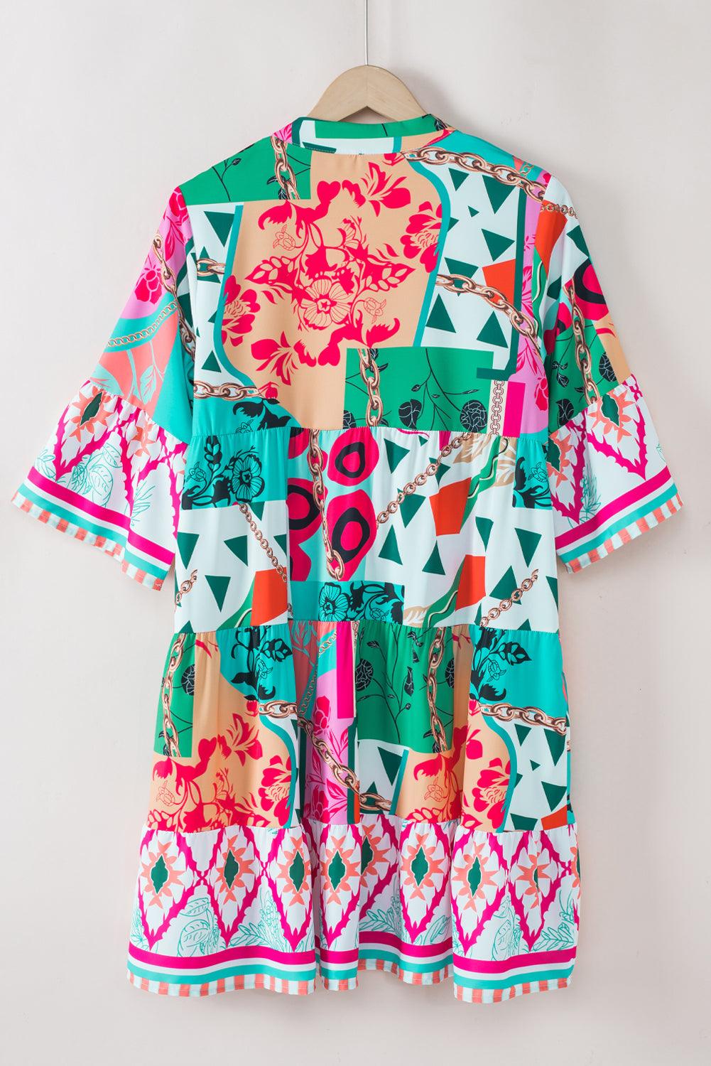 Abstracte Mini Jurk met Halve Mouwen en Notch Hals - Mini Dresses - Jurkjes.co