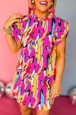 Abstracte Print Franje Hals Ruches Mouw Mini Jurk - Mini Dresses - Jurkjes.co