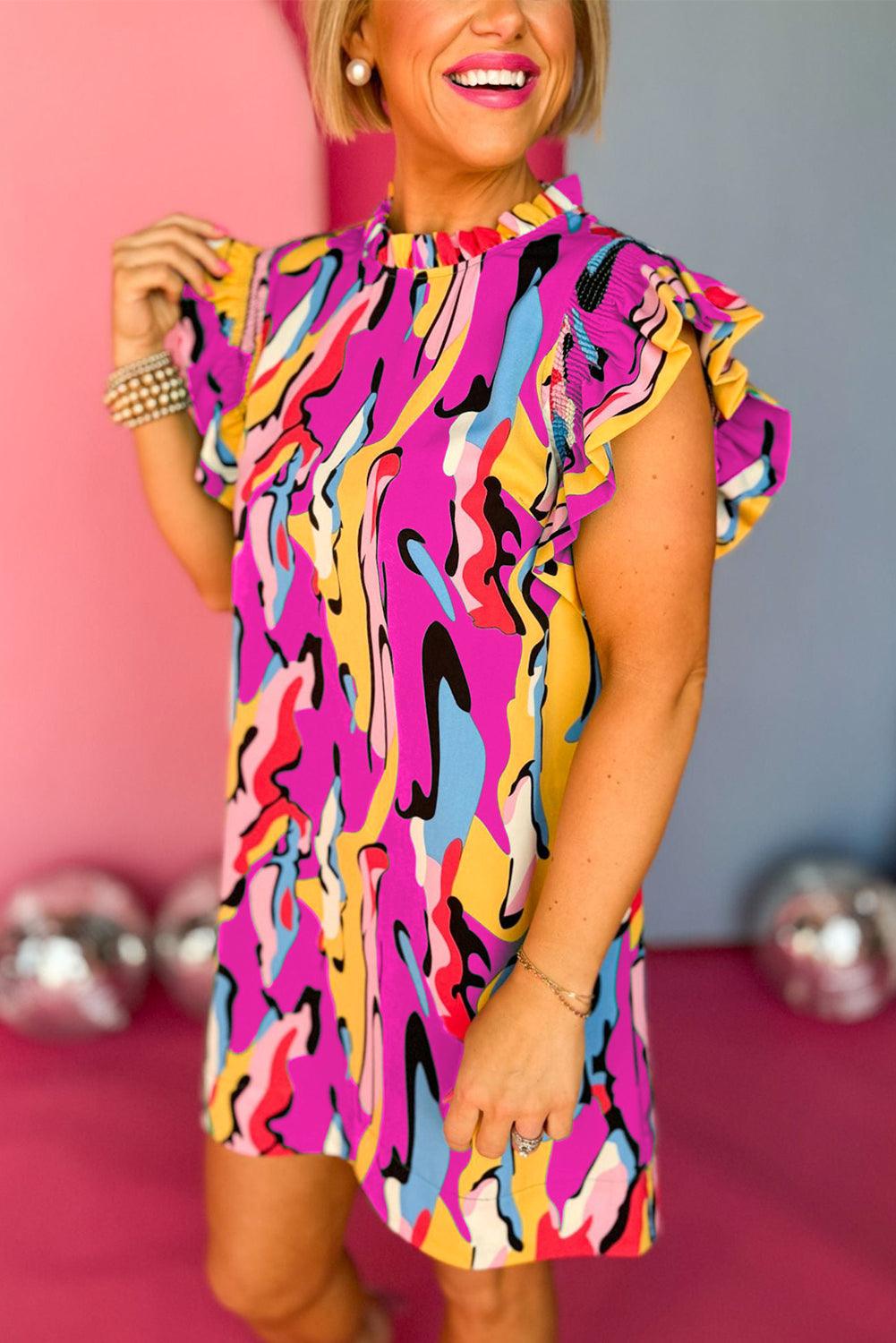 Abstracte Print Franje Hals Ruches Mouw Mini Jurk - Mini Dresses - Jurkjes.co