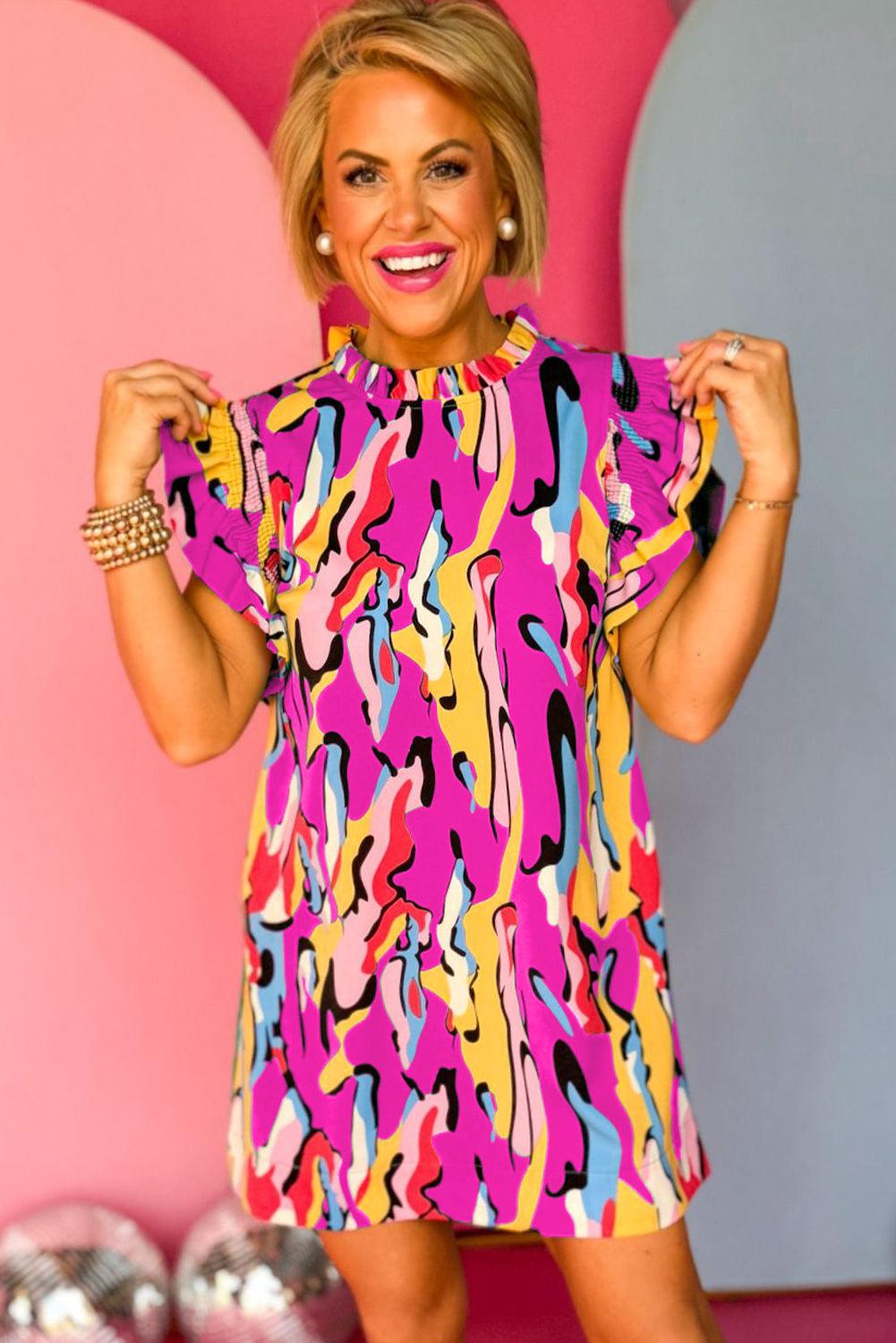 Abstracte Print Franje Hals Ruches Mouw Mini Jurk - Mini Dresses - Jurkjes.co