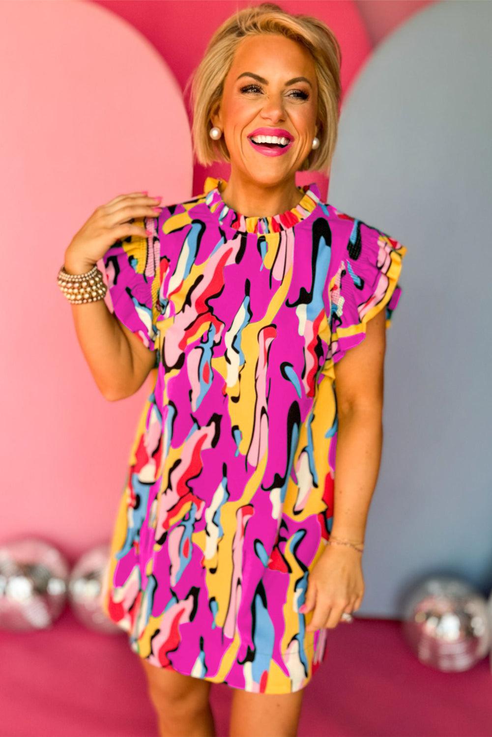 Abstracte Print Franje Hals Ruches Mouw Mini Jurk - Mini Dresses - Jurkjes.co