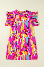 Abstracte Print Franje Hals Ruches Mouw Mini Jurk - Mini Dresses - Jurkjes.co