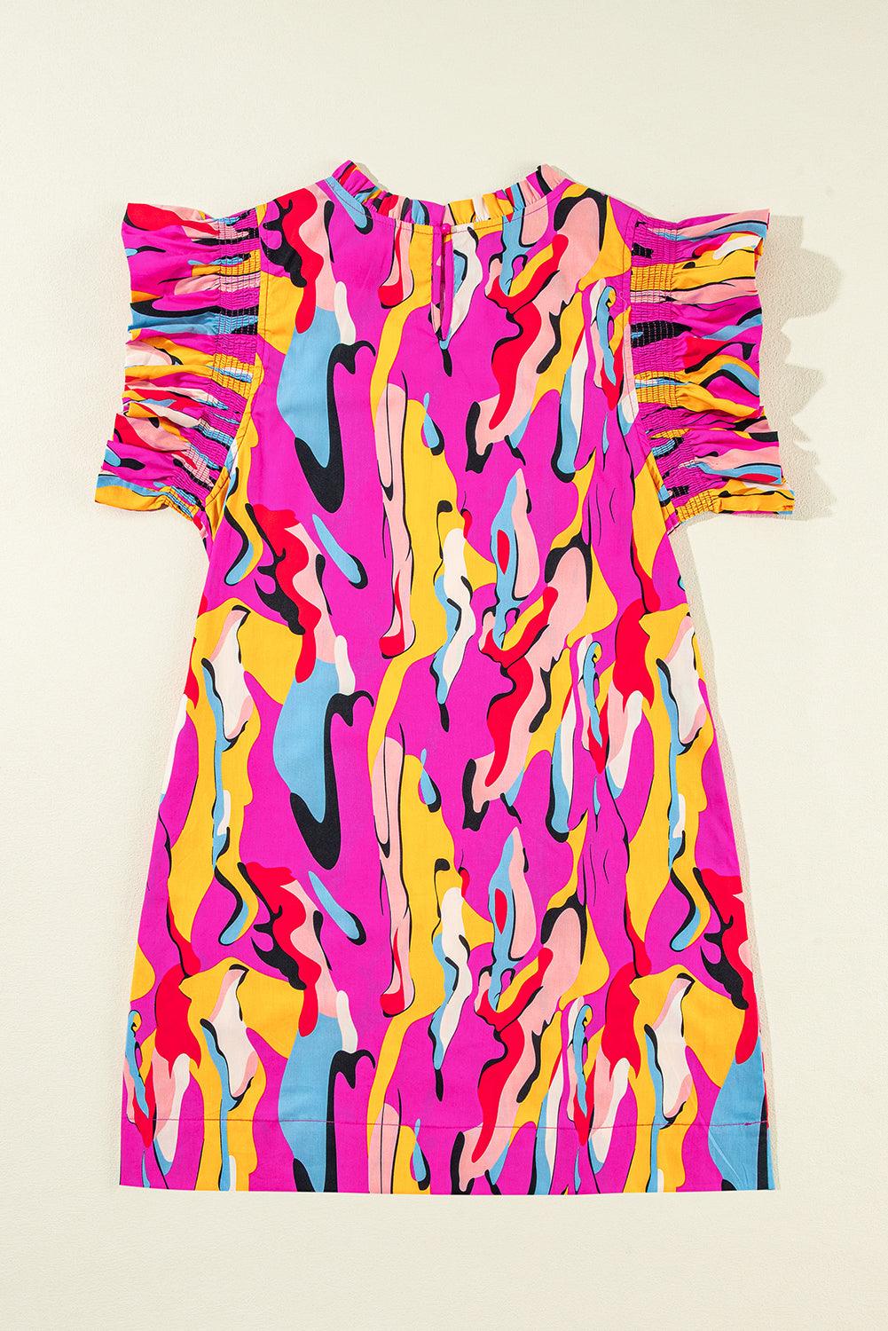 Abstracte Print Franje Hals Ruches Mouw Mini Jurk - Mini Dresses - Jurkjes.co