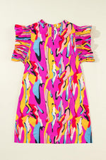 Abstracte Print Franje Hals Ruches Mouw Mini Jurk - Mini Dresses - Jurkjes.co