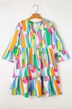 Abstracte Print Jurk met Ruches en V-Hals - Mini Dresses - Jurkjes.co