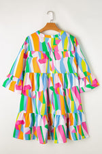Abstracte Print Jurk met Ruches en V-Hals - Mini Dresses - Jurkjes.co