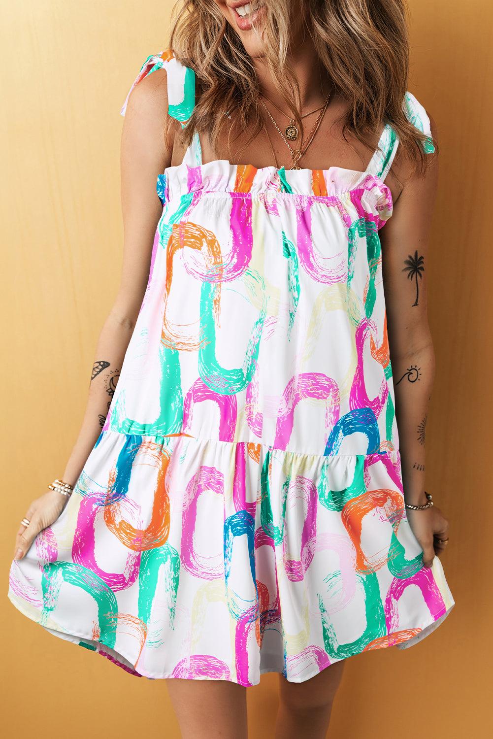 Abstracte Print Mini Jurk met Geknoopte Bandjes - Mini Dresses - Jurkjes.co