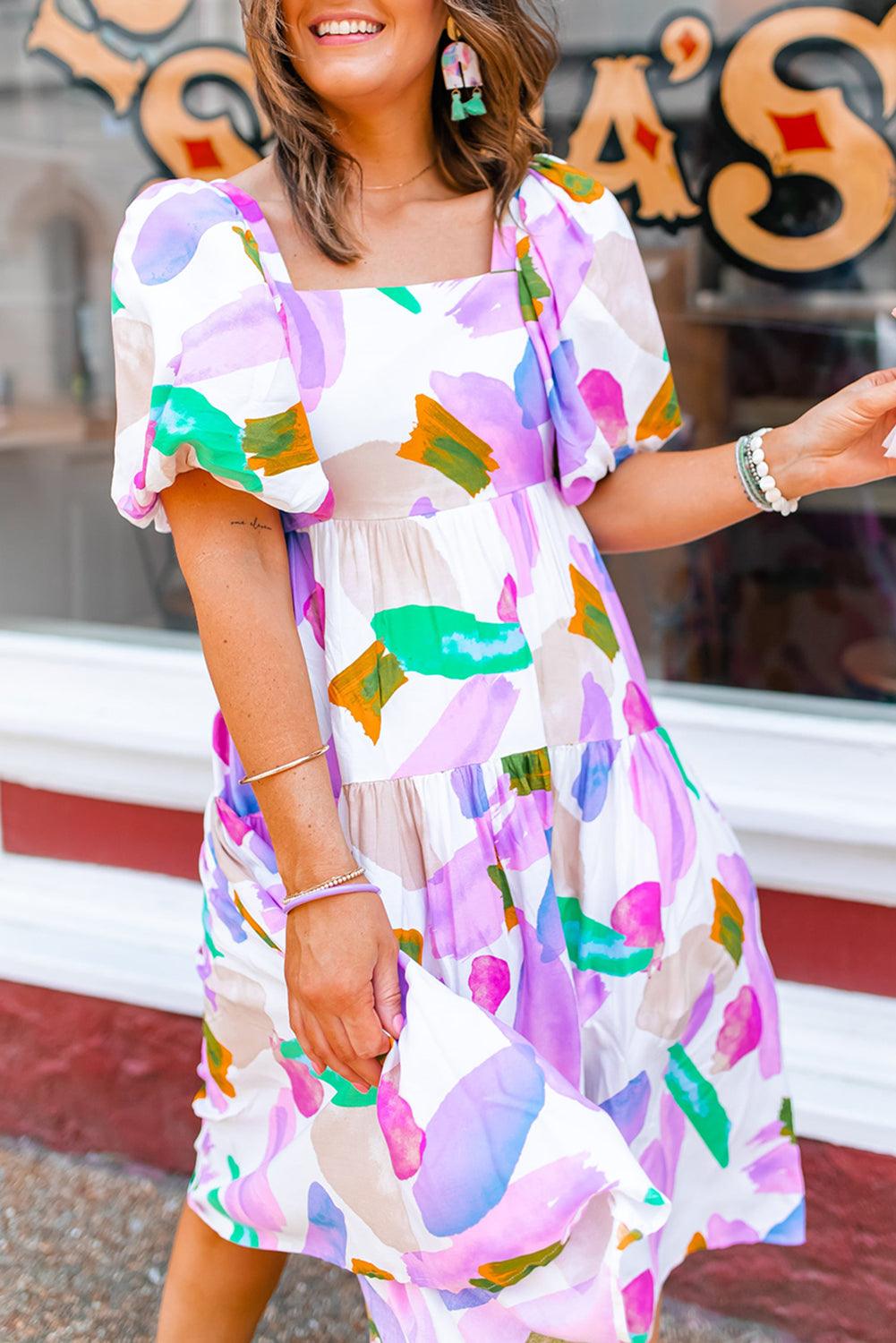 Abstracte Print Puff Mouw Midi Jurk - Midi Dresses - Jurkjes.co