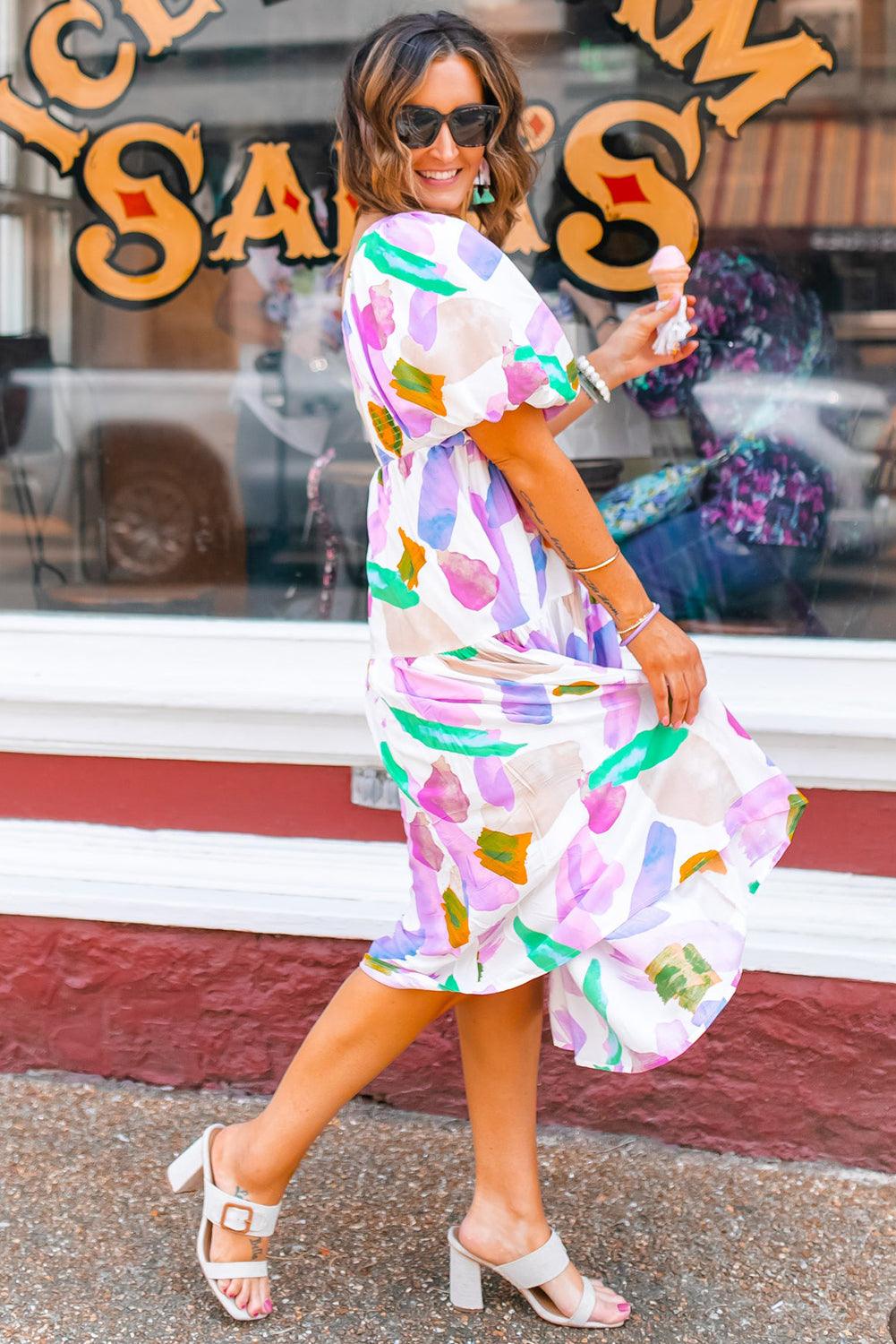Abstracte Print Puff Mouw Midi Jurk - Midi Dresses - Jurkjes.co