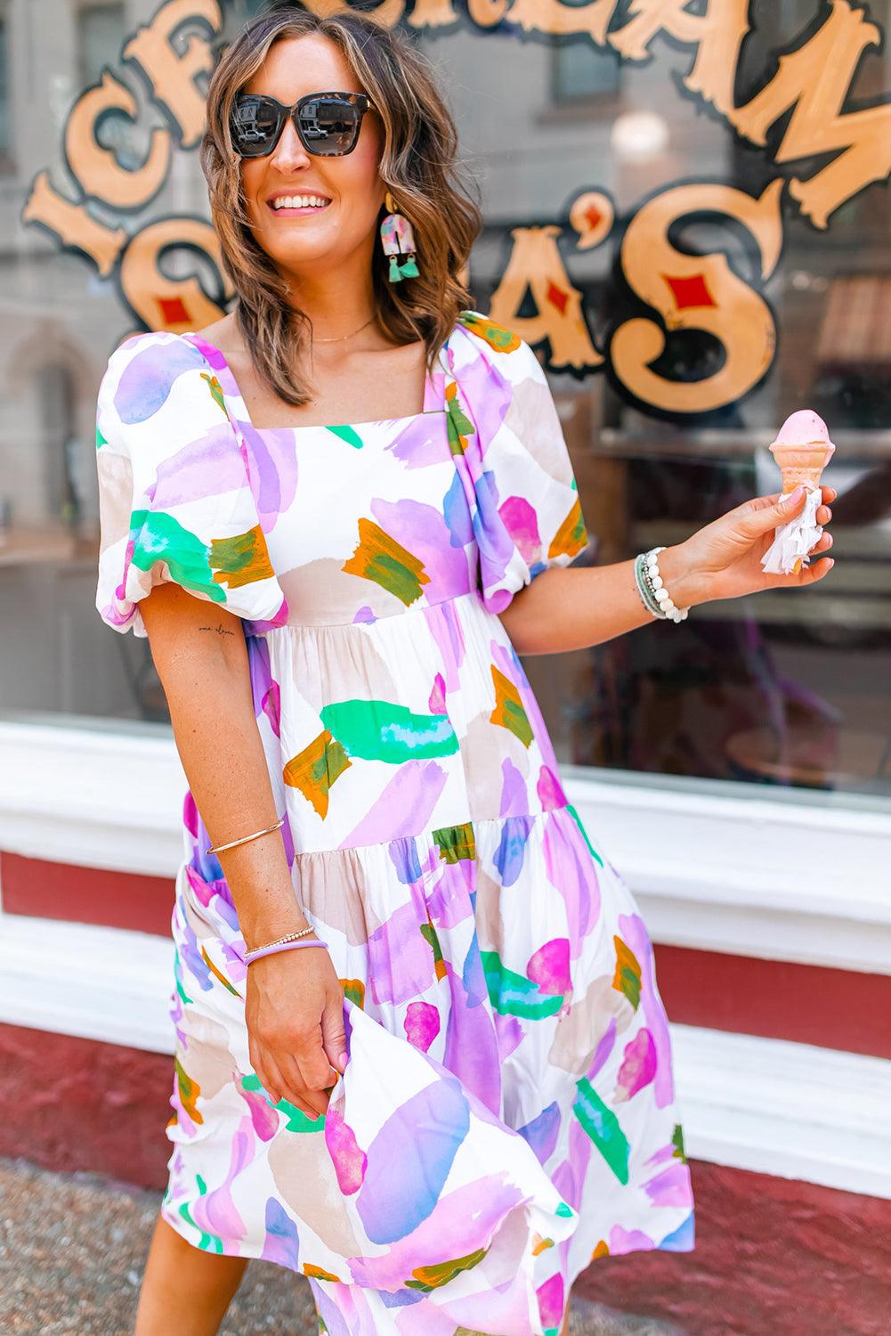 Abstracte Print Puff Mouw Midi Jurk - Midi Dresses - Jurkjes.co