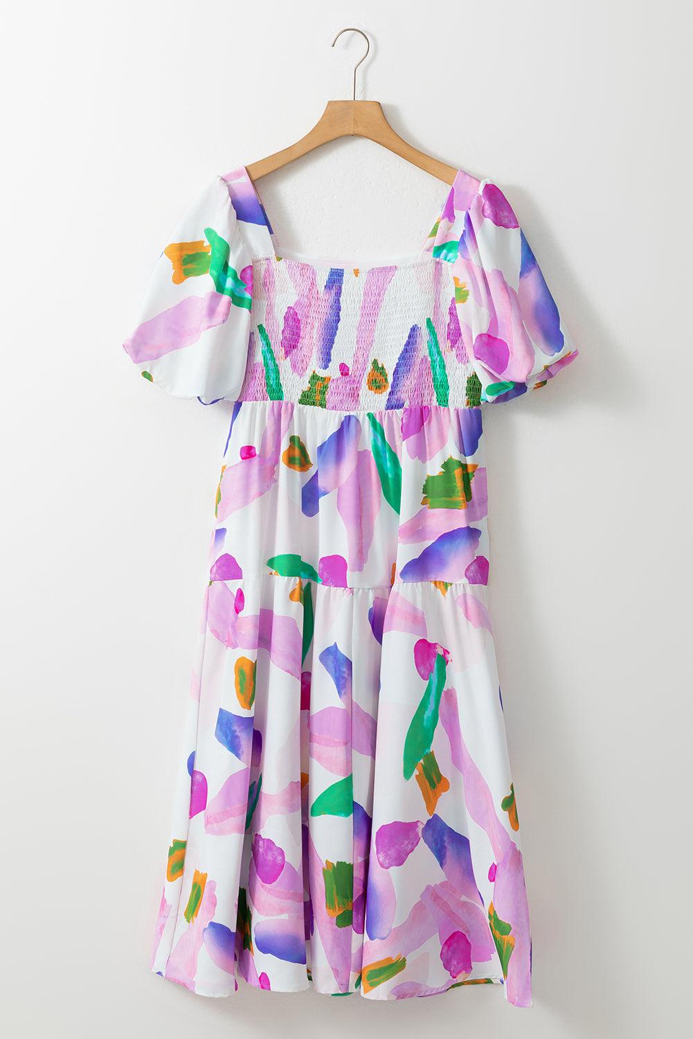 Abstracte Print Puff Mouw Midi Jurk - Midi Dresses - Jurkjes.co