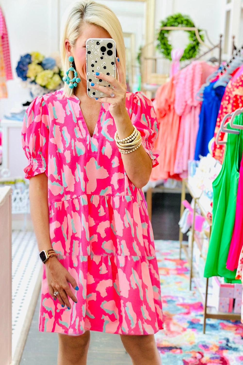 Abstracte Print Puff Mouw Mini Jurk - Mini Dresses - Jurkjes.co