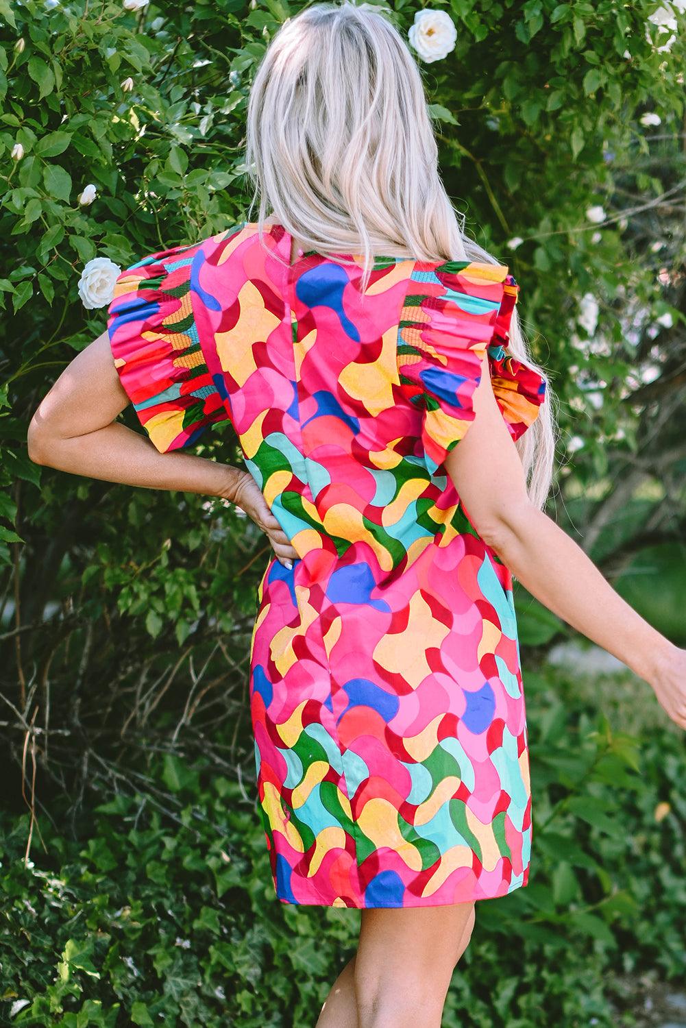 Abstracte Print Ruffle Mouw Shift Mini Jurk - Mini Dresses - Jurkjes.co