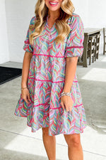 Abstracte Ricrac Gelaagde Jurk met Pofmouwen - Mini Dresses - Jurkjes.co