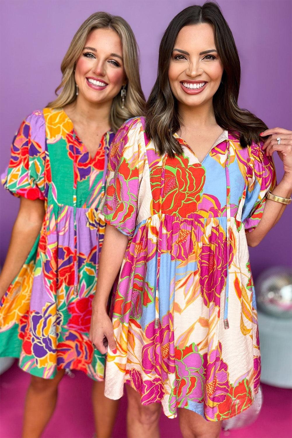 Babydoll Jurk met Bloemenprint en Split Hals - Floral Dresses - Jurkjes.co