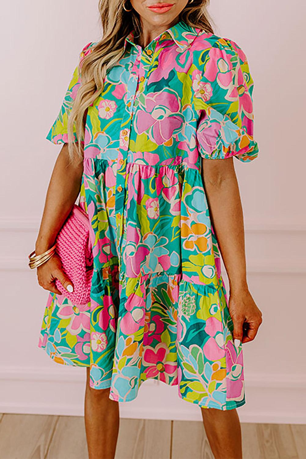 Babydoll Jurk met Kraag en Pofmouwen - Floral Dresses - Jurkjes.co