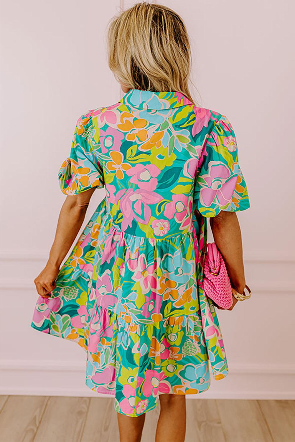 Babydoll Jurk met Kraag en Pofmouwen - Floral Dresses - Jurkjes.co