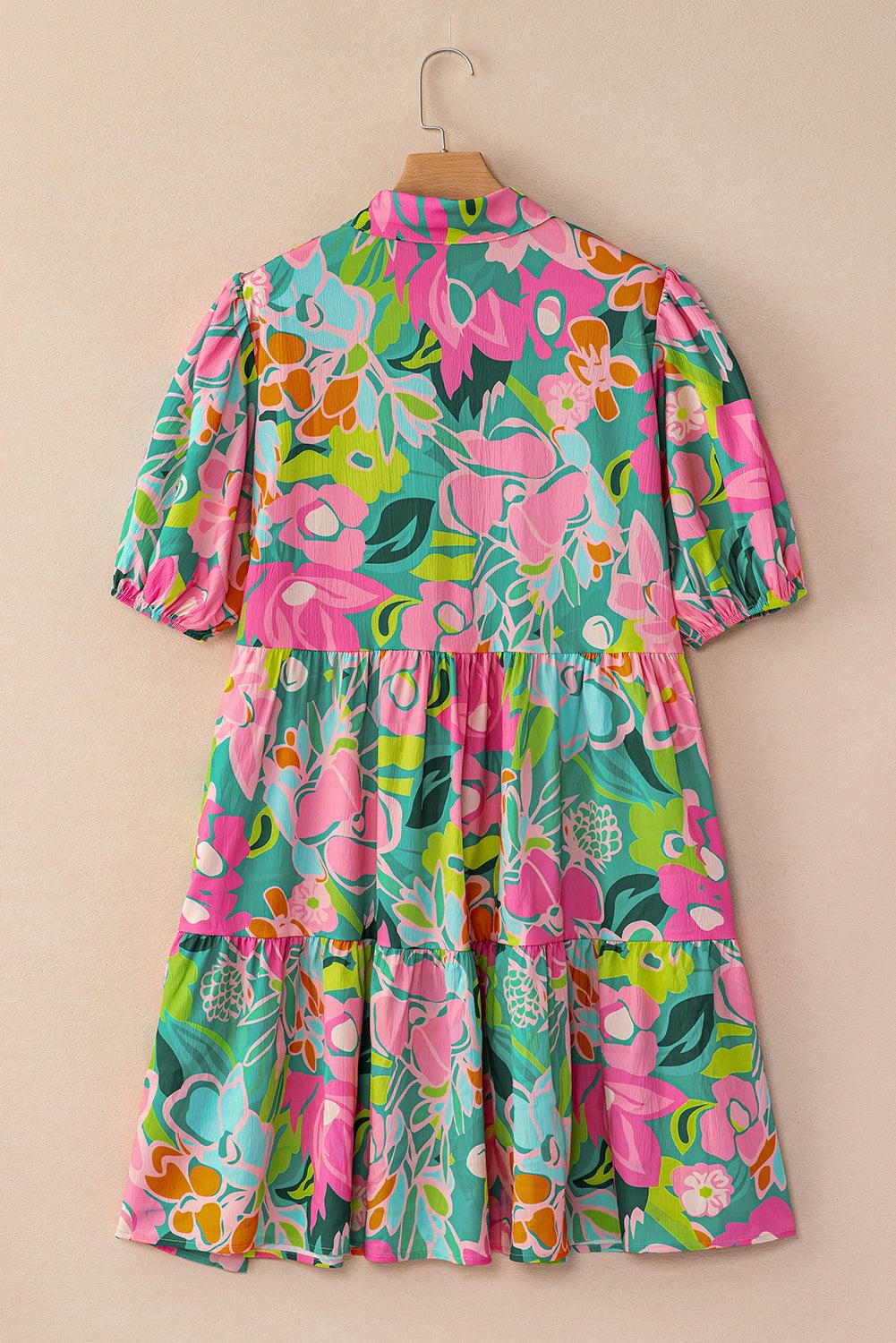 Babydoll Jurk met Kraag en Pofmouwen - Floral Dresses - Jurkjes.co