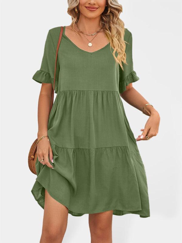 Babydoll Jurk met V-hals en Rimpelmouwen - Mini Dresses - Jurkjes.co