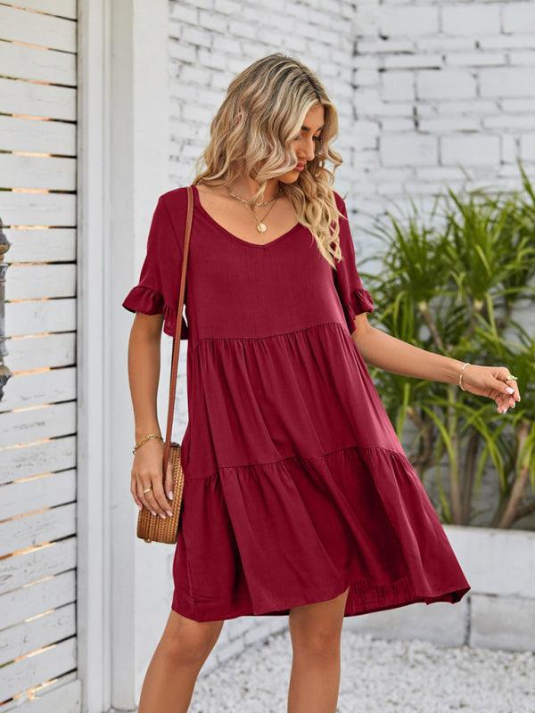Babydoll Jurk met V-hals en Rimpelmouwen - Mini Dresses - Jurkjes.co