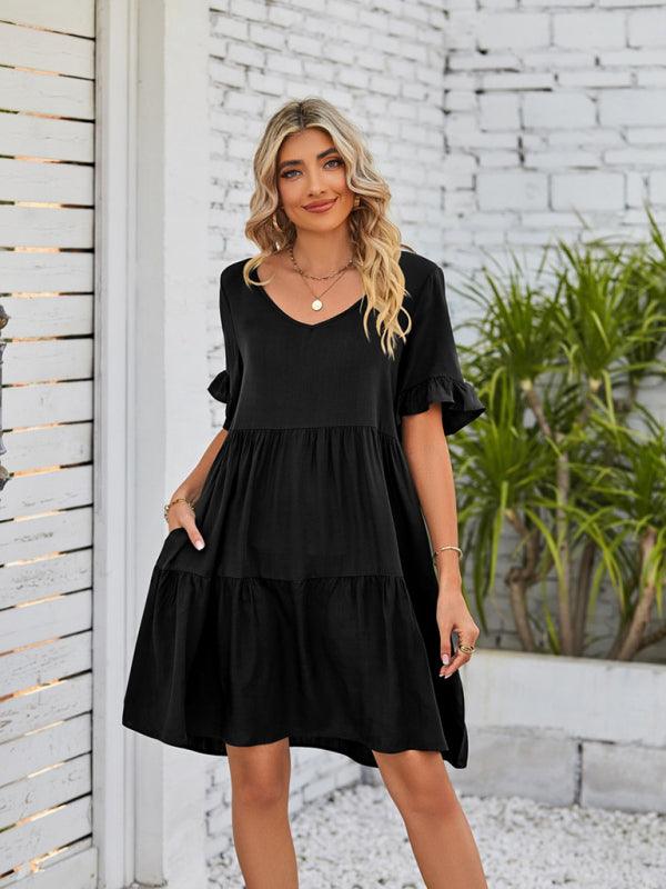 Babydoll Jurk met V-hals en Rimpelmouwen - Mini Dresses - Jurkjes.co
