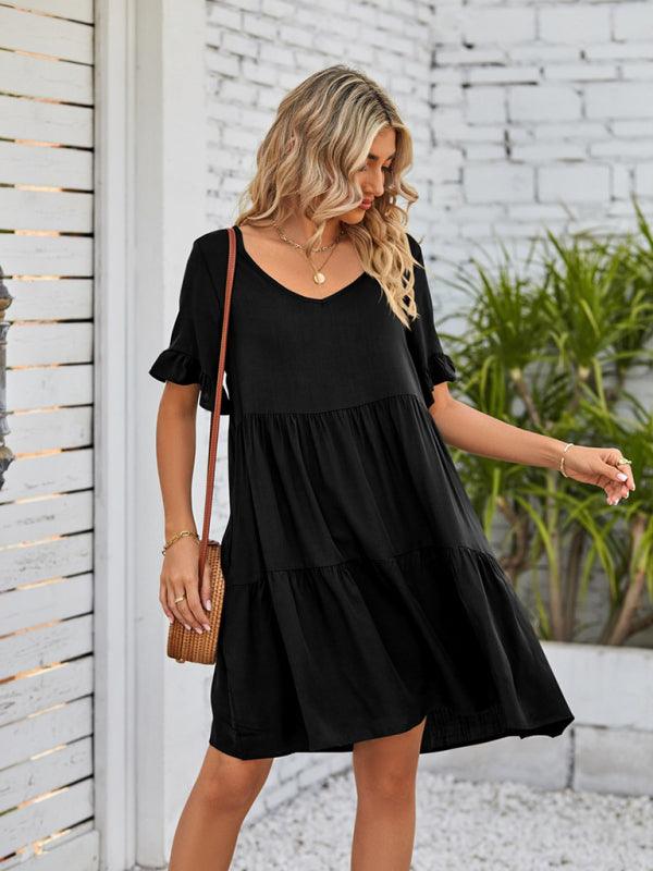 Babydoll Jurk met V-hals en Rimpelmouwen - Mini Dresses - Jurkjes.co