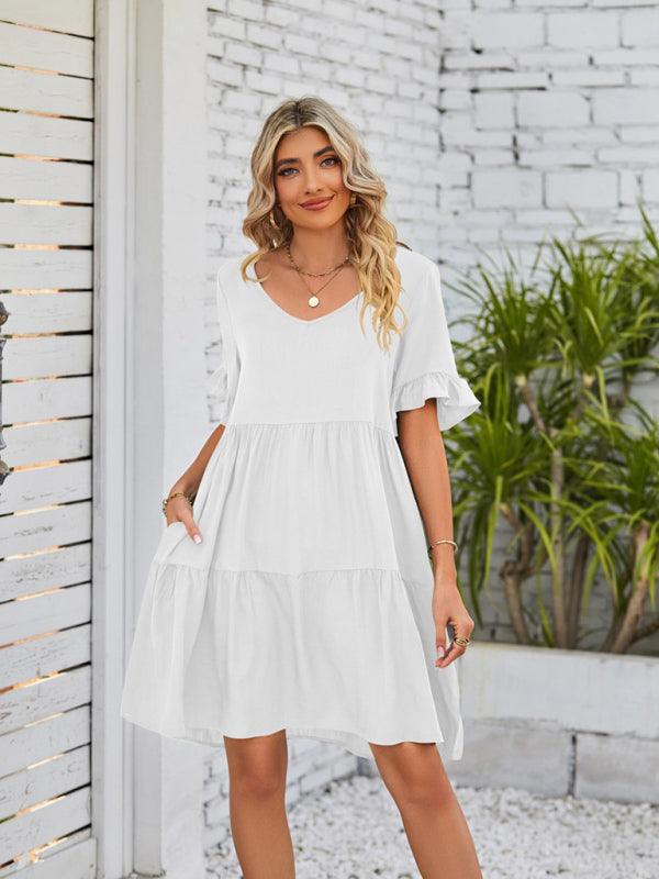 Babydoll Jurk met V-hals en Rimpelmouwen - Mini Dresses - Jurkjes.co