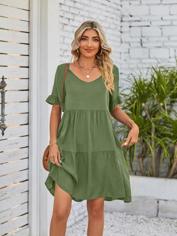 Babydoll Jurk met V-hals en Rimpelmouwen - Mini Dresses - Jurkjes.co