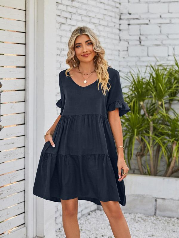 Babydoll Jurk met V-hals en Rimpelmouwen - Mini Dresses - Jurkjes.co
