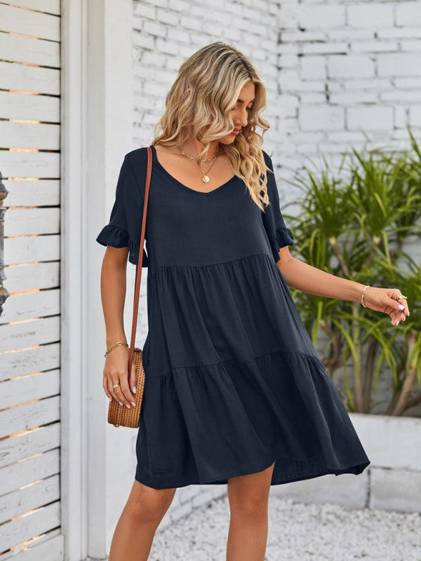 Babydoll Jurk met V-hals en Rimpelmouwen - Mini Dresses - Jurkjes.co