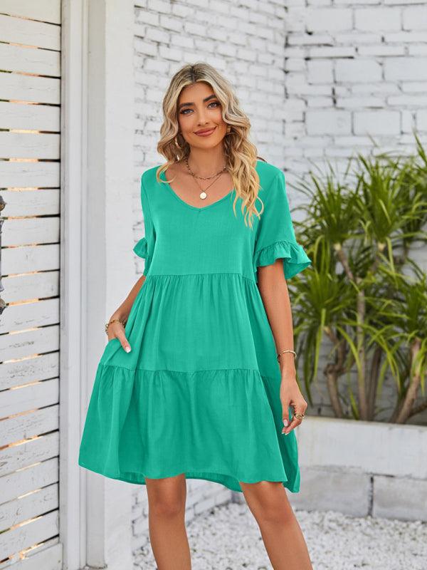 Babydoll Jurk met V-hals en Rimpelmouwen - Mini Dresses - Jurkjes.co
