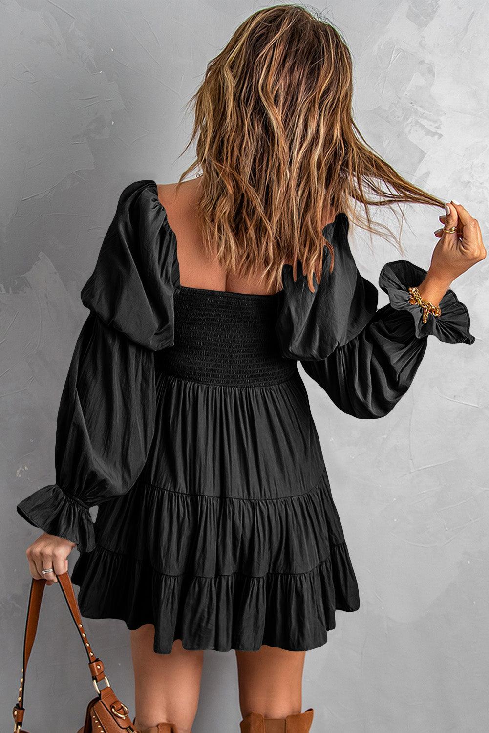 Black Boho Solid Shirred Ruffle Mini Dress - Mini Dresses - Jurkjes.co