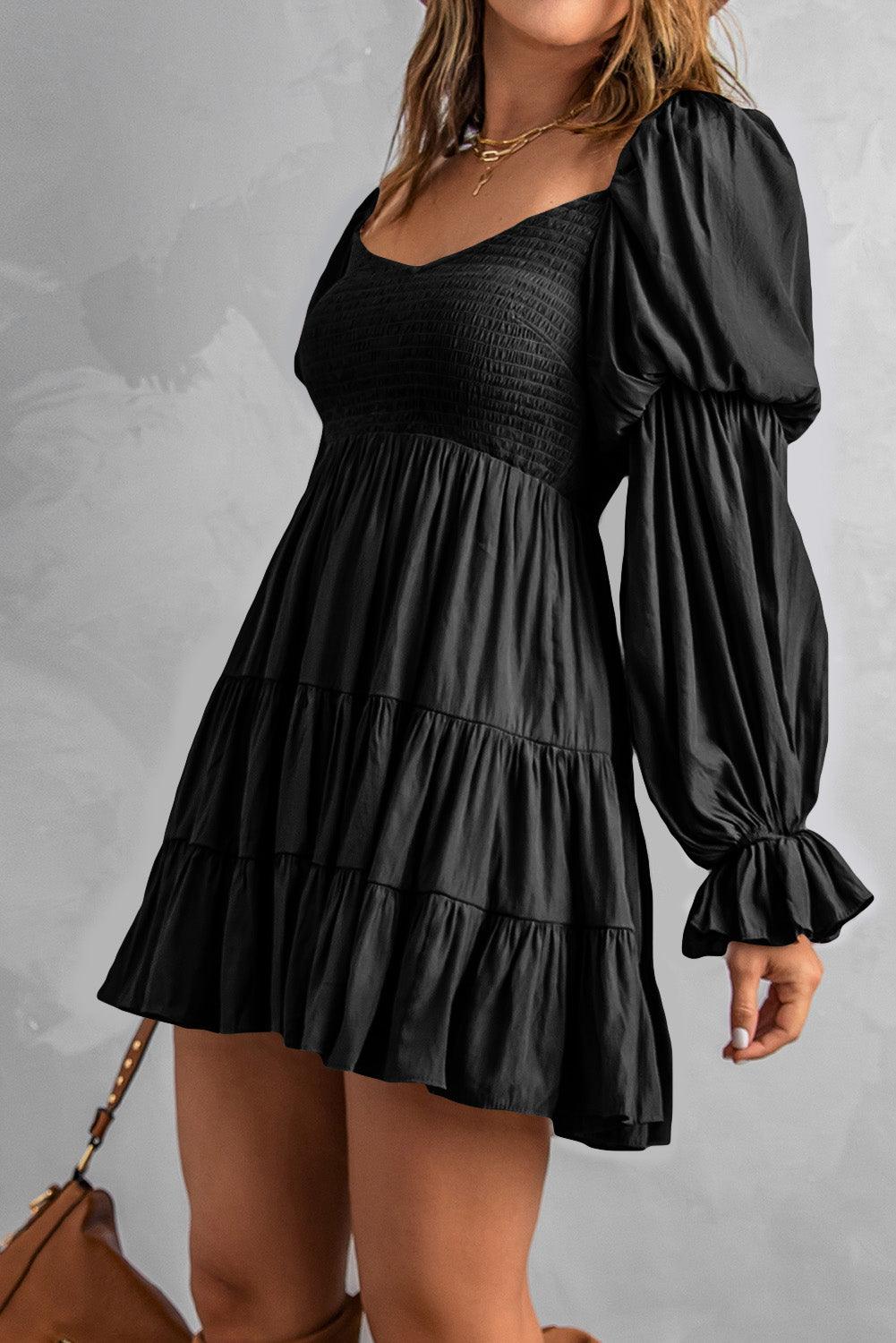 Black Boho Solid Shirred Ruffle Mini Dress - Mini Dresses - Jurkjes.co