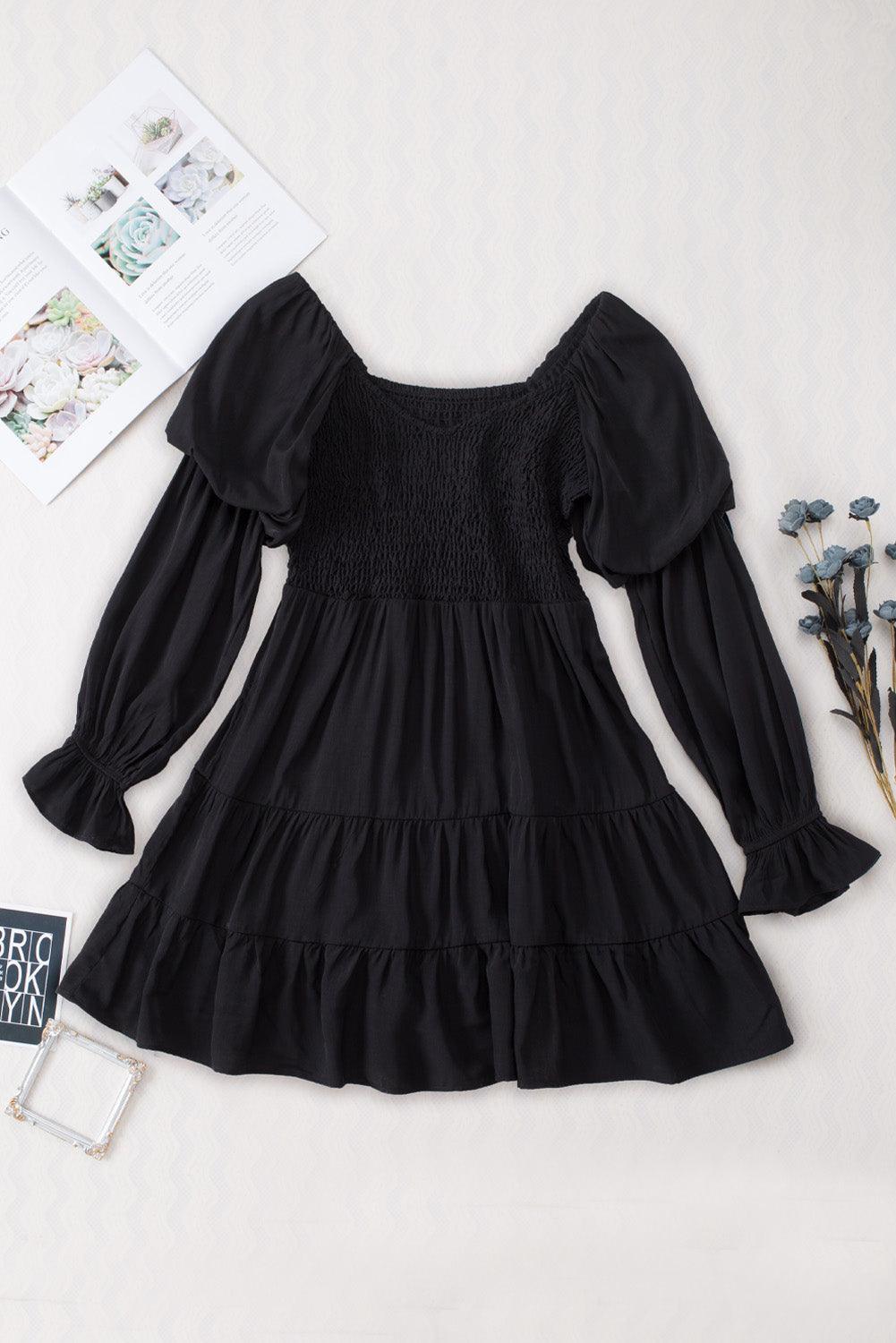 Black Boho Solid Shirred Ruffle Mini Dress - Mini Dresses - Jurkjes.co