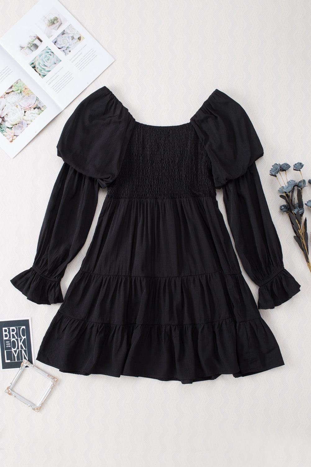 Black Boho Solid Shirred Ruffle Mini Dress - Mini Dresses - Jurkjes.co