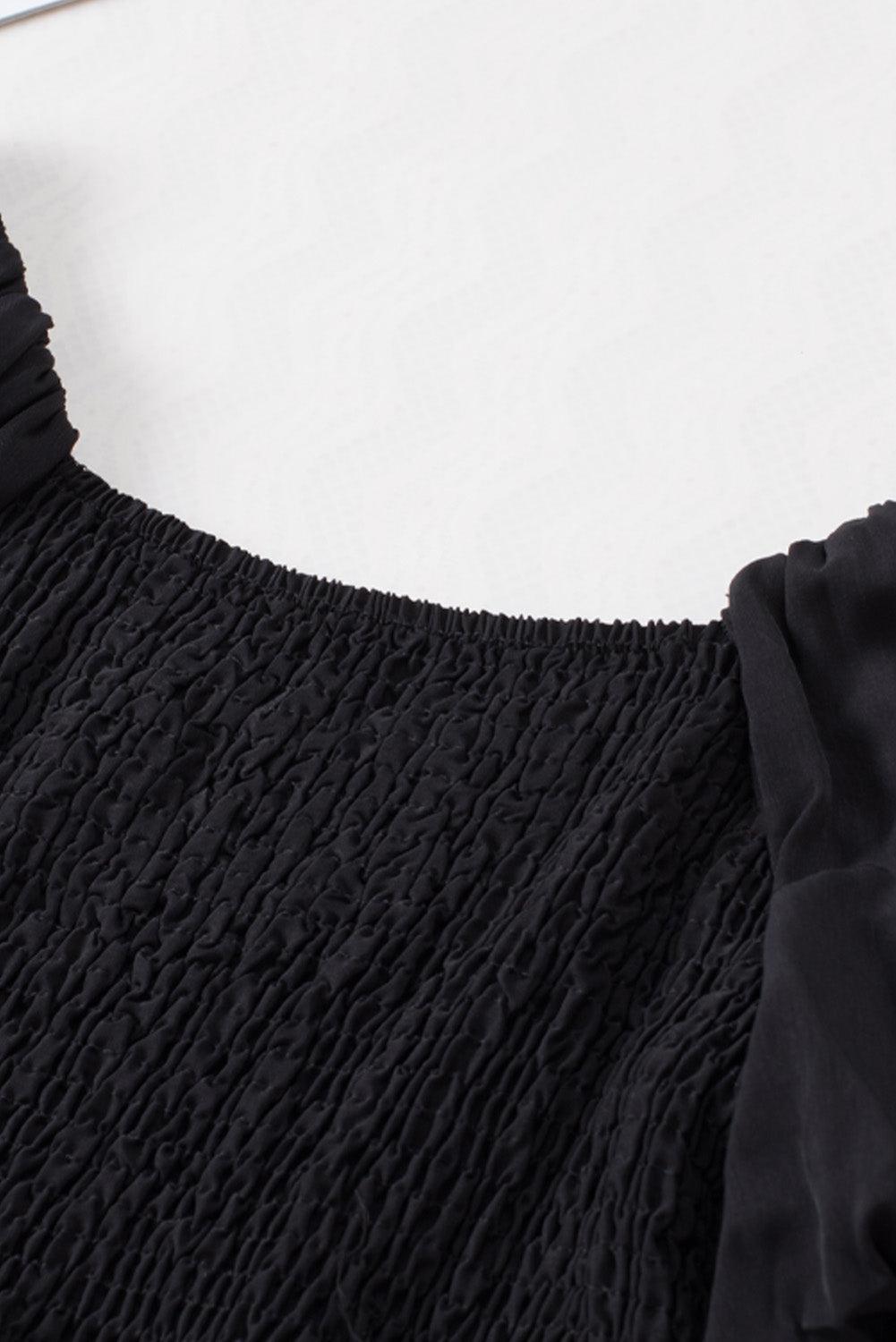 Black Boho Solid Shirred Ruffle Mini Dress - Mini Dresses - Jurkjes.co
